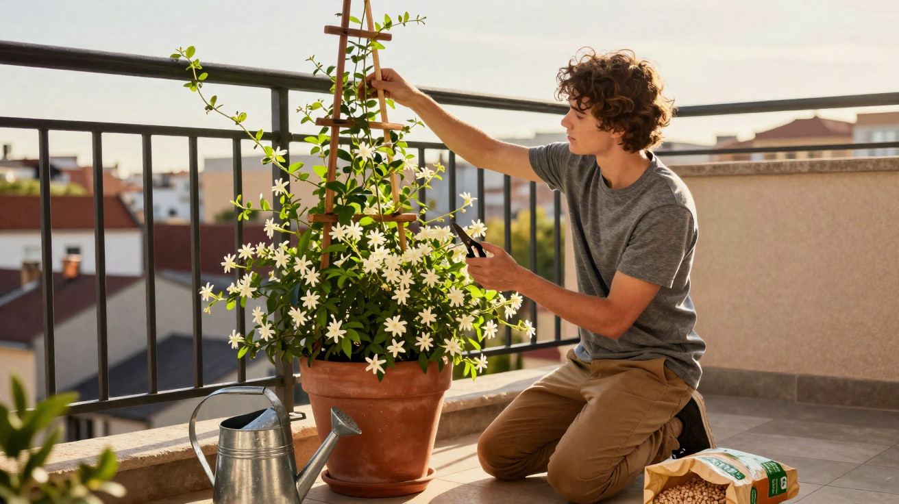 Young man kneeling on balcony pruning white flowering plant in terracotta pot at sunset