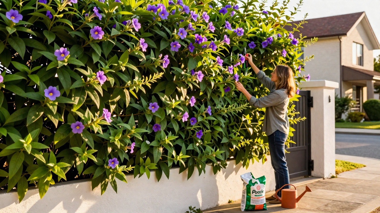 Woman tending to a lush hedge with purple flowers outside a suburban house on a sunny day.