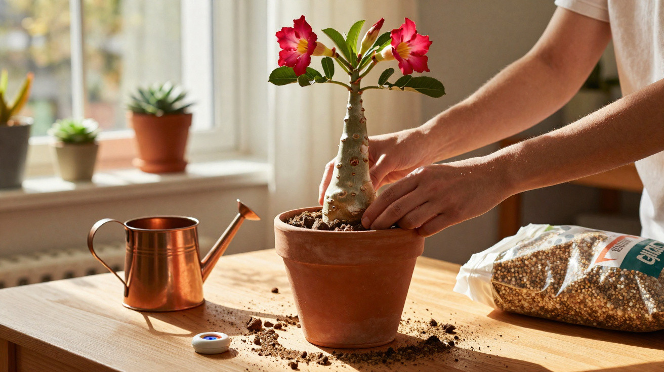 Person repotting a flowering desert rose plant in a terracotta pot on a wooden table near a window.