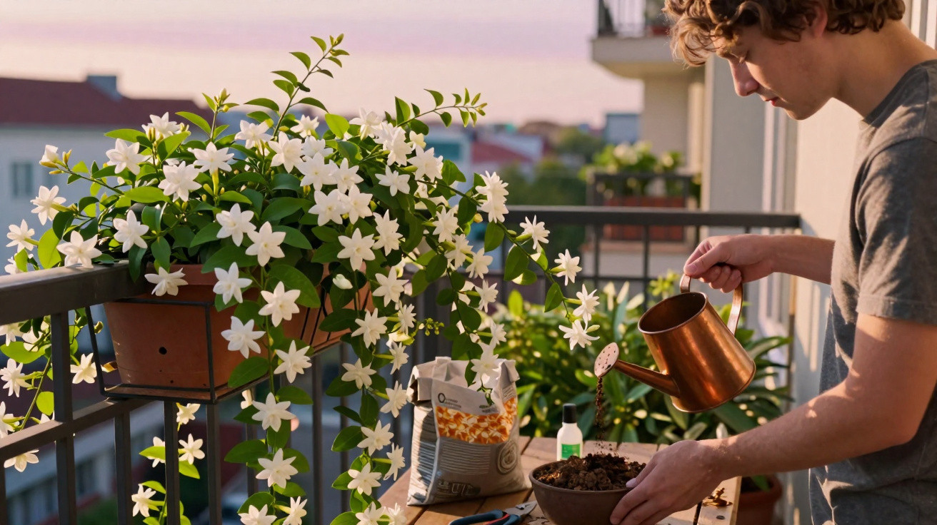 Person watering soil in a bowl on a balcony with white flowering plants in the background at sunset.