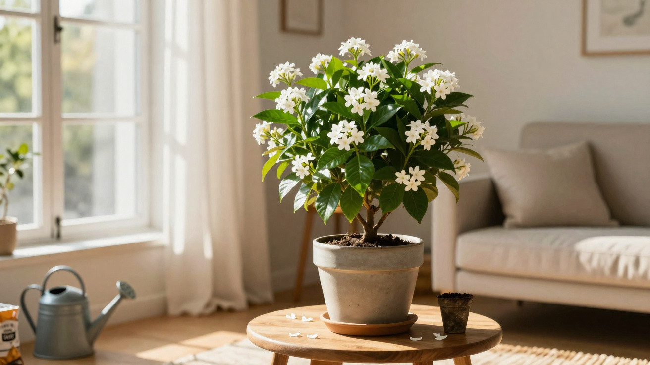 Potted white-flowered plant on a round wooden table in a bright living room with sofa and window.