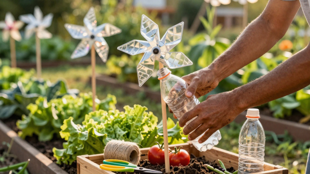 Person refilling a plastic bottle on a stick acting as a windmill in a raised garden bed with vegetables.