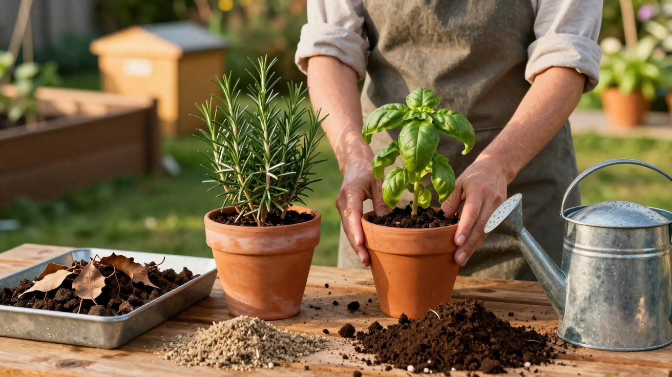 Person potting a basil plant next to a rosemary plant with gardening tools and soil on a wooden table outdoors.