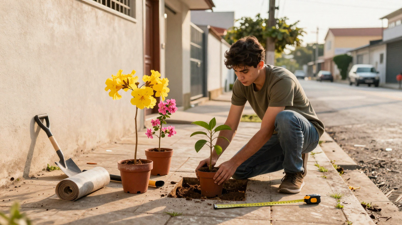 Young man planting a potted plant on a sidewalk, with flowers, a spade, and measuring tape nearby.