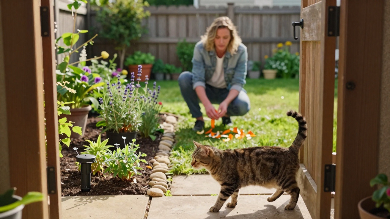 Tabby cat walks through open garden gate as woman kneels tending plants in backyard.