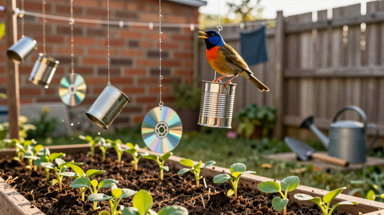 Colourful bird perched on a hanging tin can above young plants in a sunny garden bed with a wooden fence background