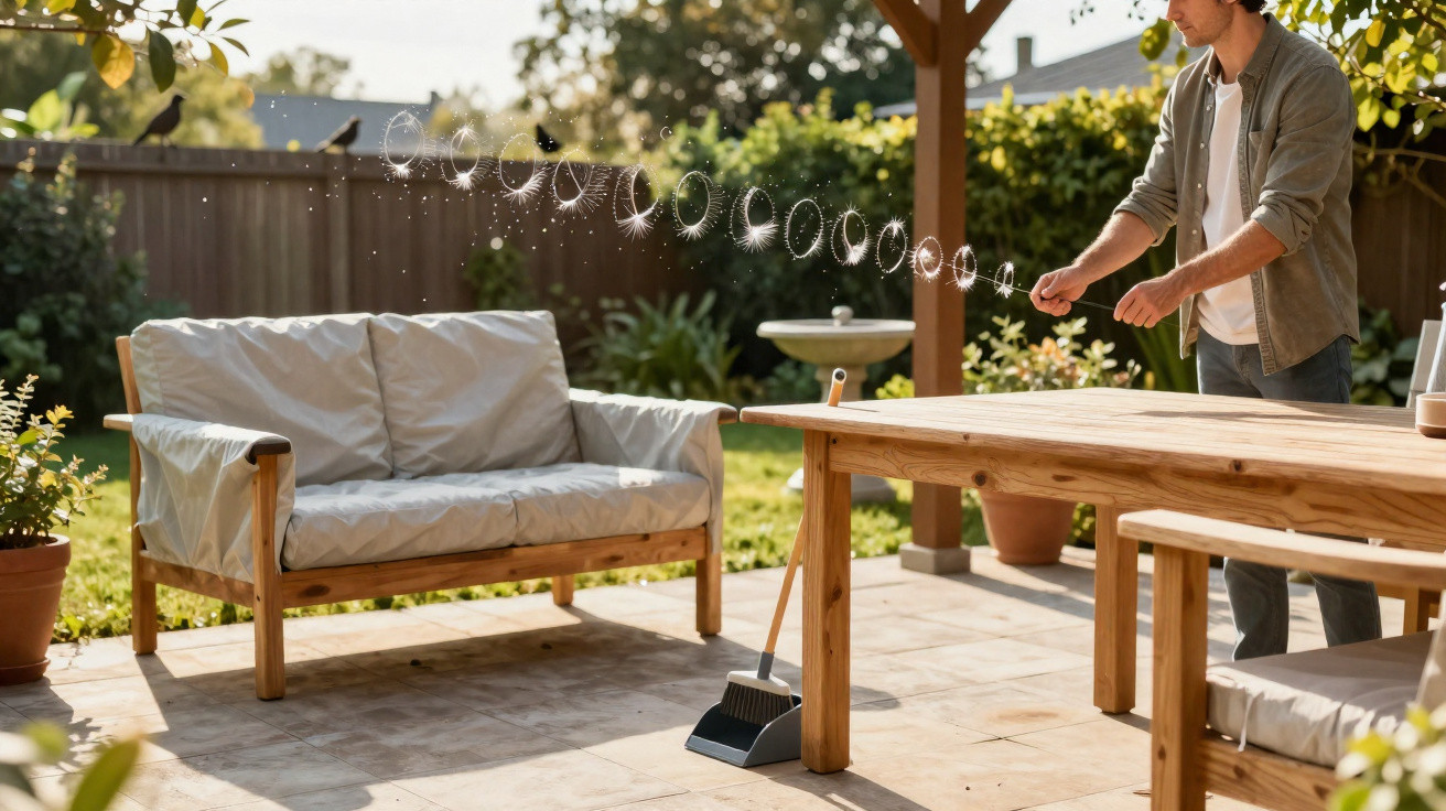 Man blowing large soap bubbles in a sunny garden patio with wooden furniture and potted plants.