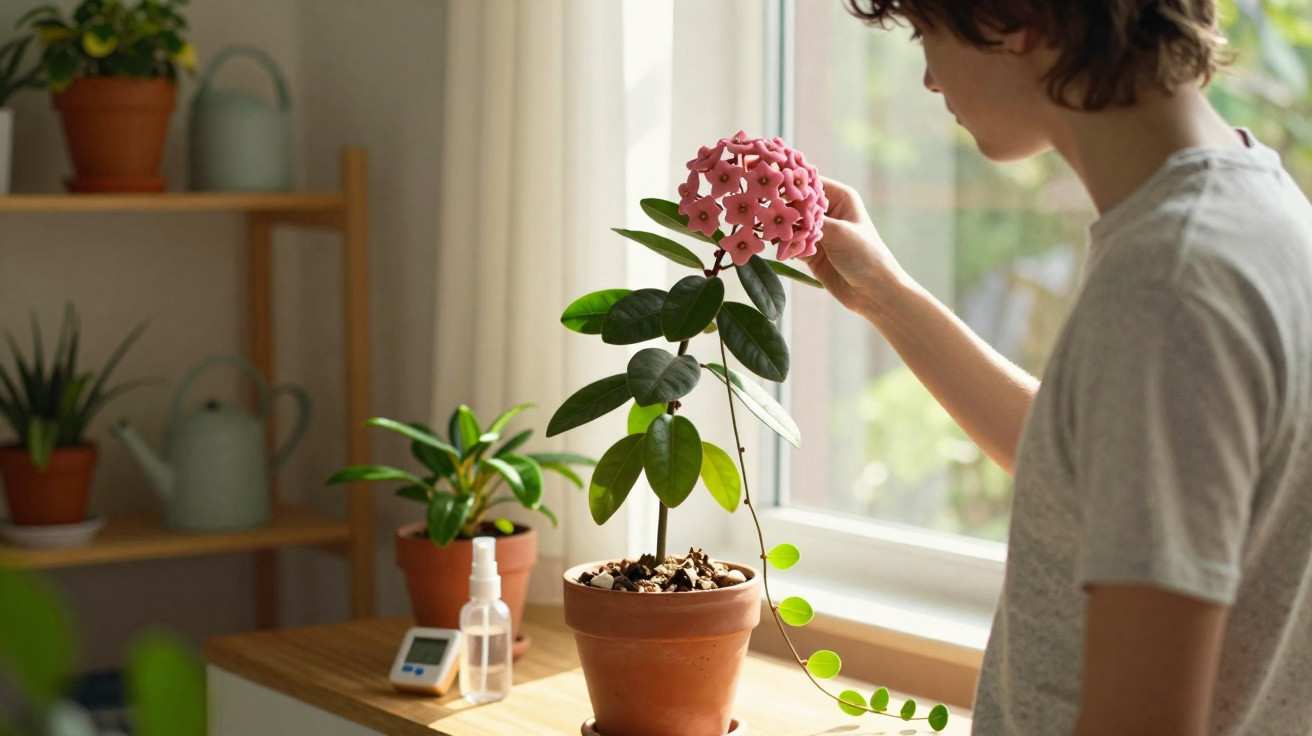 Person tending to a pink flowering plant in a terracotta pot by a sunlit window indoors.