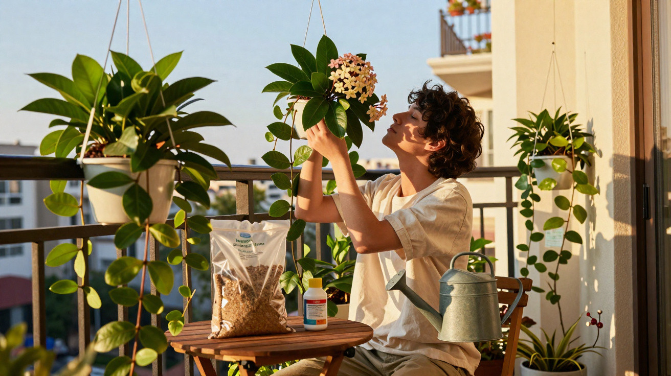Person on balcony tending to hanging flowering plants with gardening supplies on table in warm sunlight.