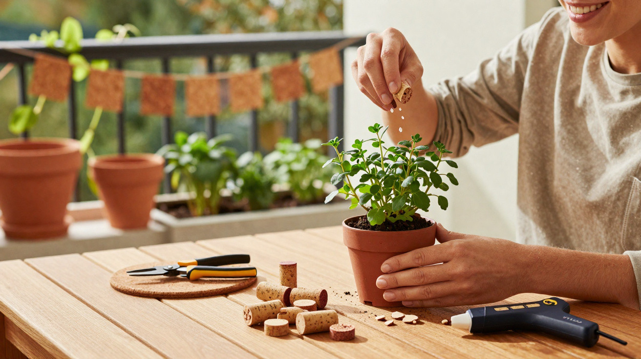 Person watering a potted plant on a wooden table with gardening tools and corks nearby outdoors.