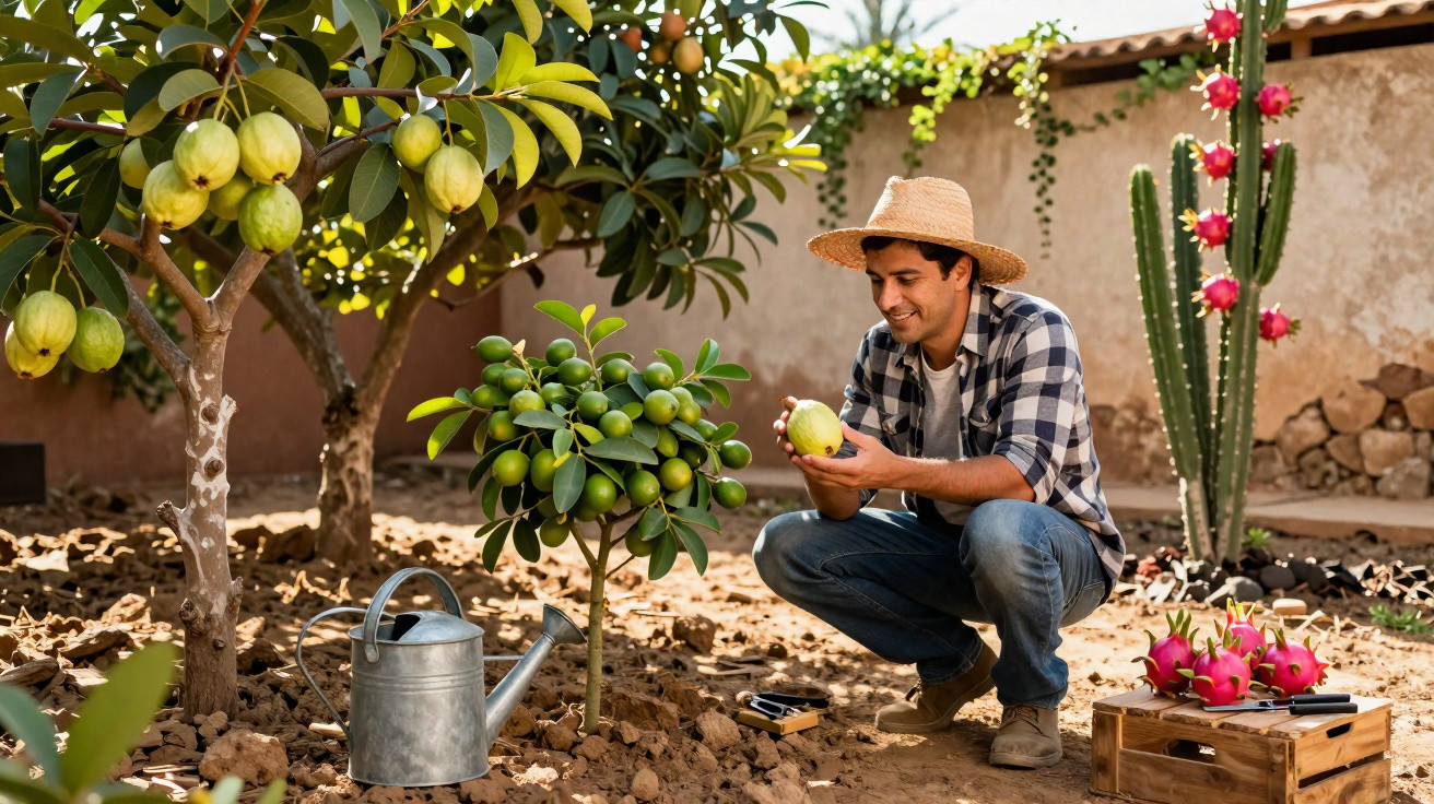 Man wearing a straw hat examining fruit in a sunny garden with various fruit plants and a watering can nearby.