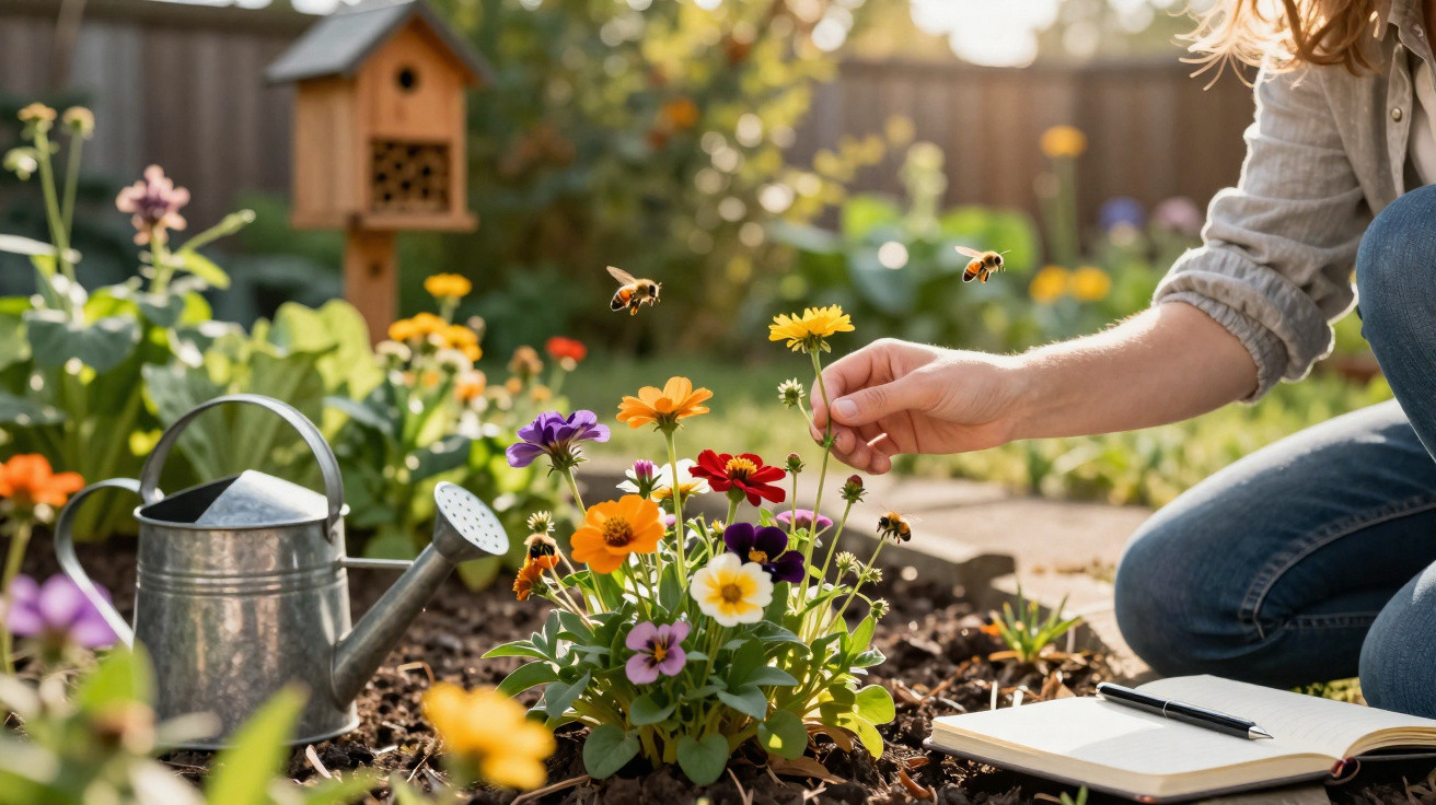 Person tending colourful flowers with bees nearby, watering can and notebook in a sunny garden.