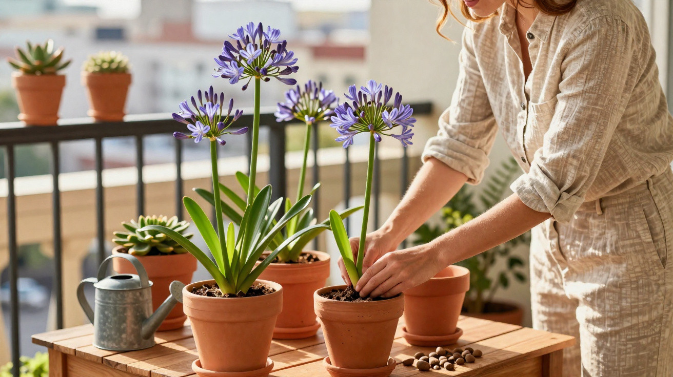 Person tending to purple agapanthus flowers and succulents on a sunlit balcony table with a watering can nearby.