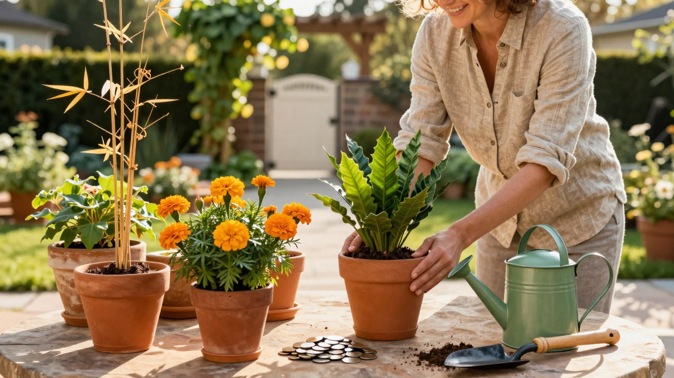 Person arranging potted plants on a table outdoors with gardening tools and coins nearby.