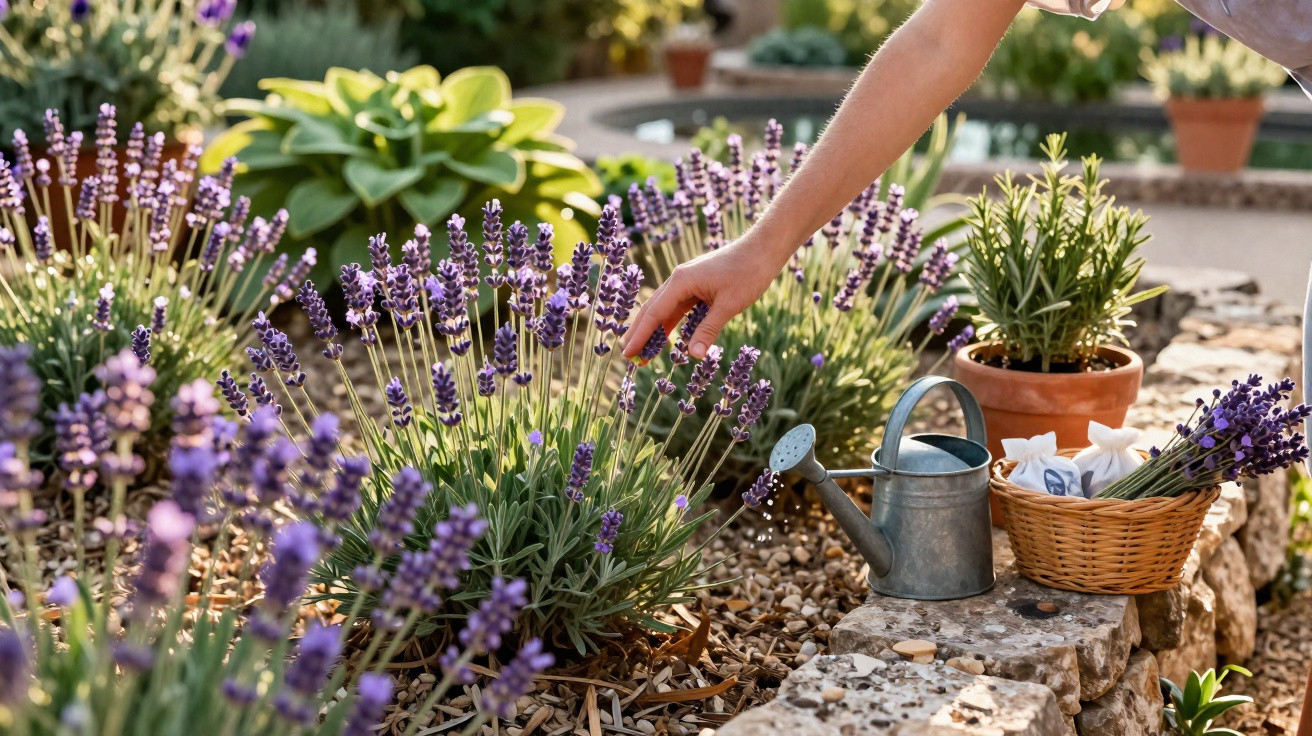 Person’s hand touching blooming lavender plants in a garden with a watering can and basket nearby.