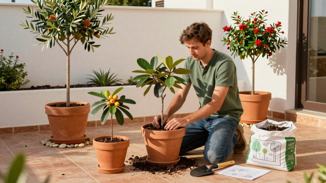 Man planting potted plants on a sunlit terrace with gardening tools and soil nearby.