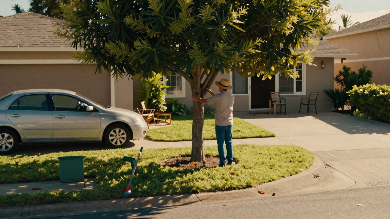 Person wearing a hat trimming or inspecting a tree in the front yard of a suburban house with parked silver car nearby.