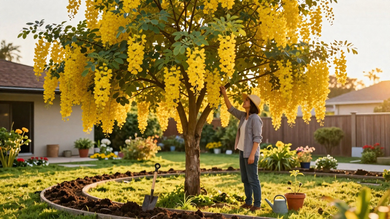 Woman in a sunhat admiring a tree with cascading yellow flowers in a backyard garden at sunset.