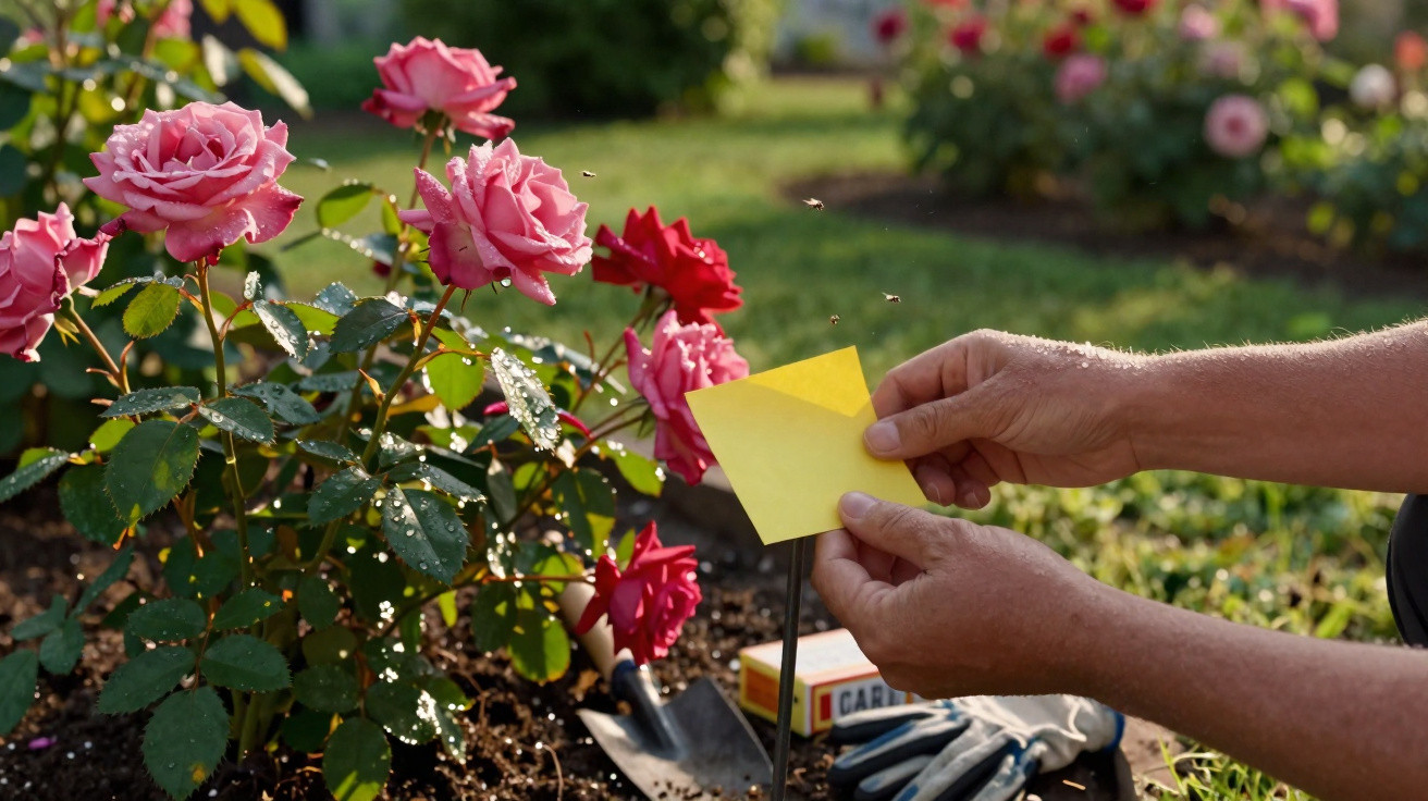 Hands placing yellow sticky traps near pink and red roses in a garden with gardening tools nearby.