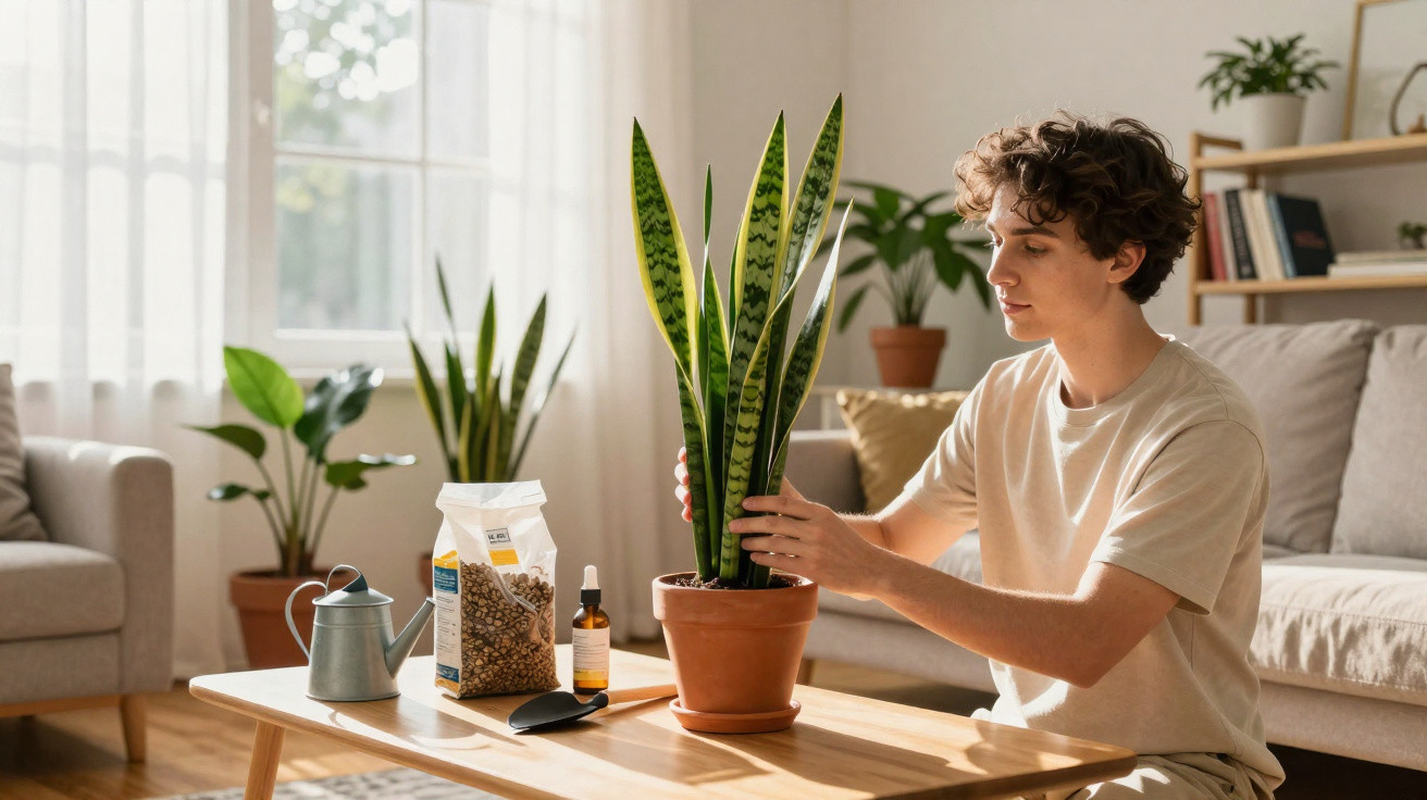 Young man tending to a snake plant on a wooden table in a sunlit living room.