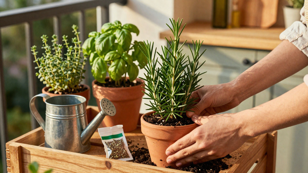 Hands planting a rosemary herb in a terracotta pot on a wooden tray with other herb plants and watering can nearby