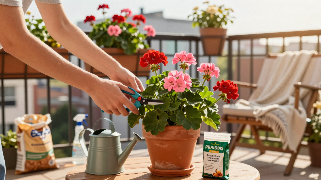 Person trimming pink and red geraniums in a terracotta pot on a sunny balcony with gardening tools nearby.