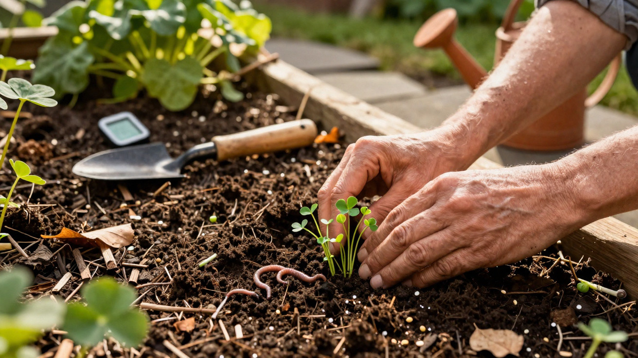 Hands planting young seedlings in soil in a raised garden bed with gardening tools nearby on a sunny day.