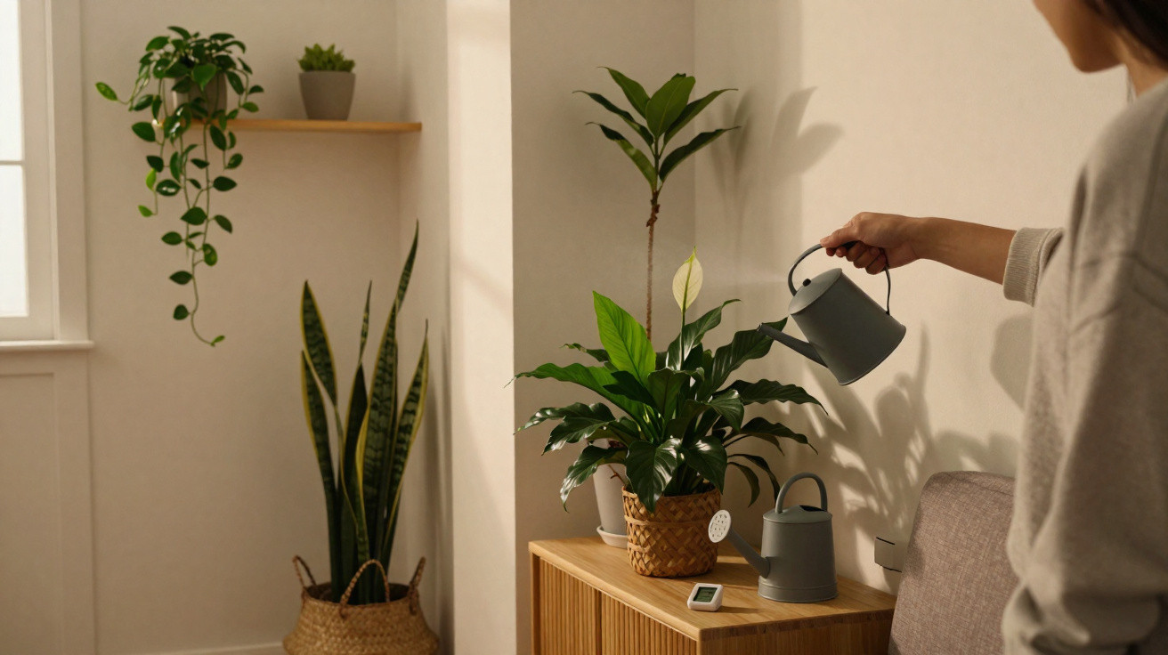 Person watering houseplants on a wooden cabinet in a cozy, plant-filled living room.