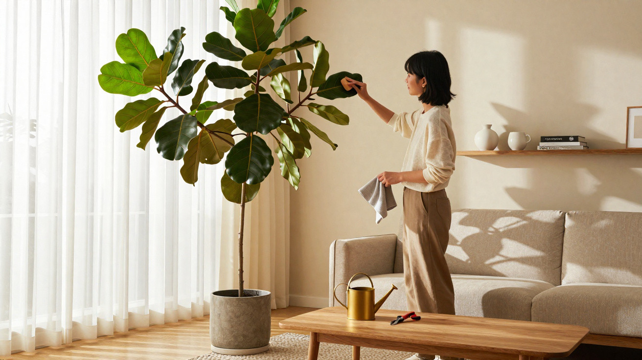 Woman cleaning leaves of a large indoor potted plant in a bright, modern living room with natural light.