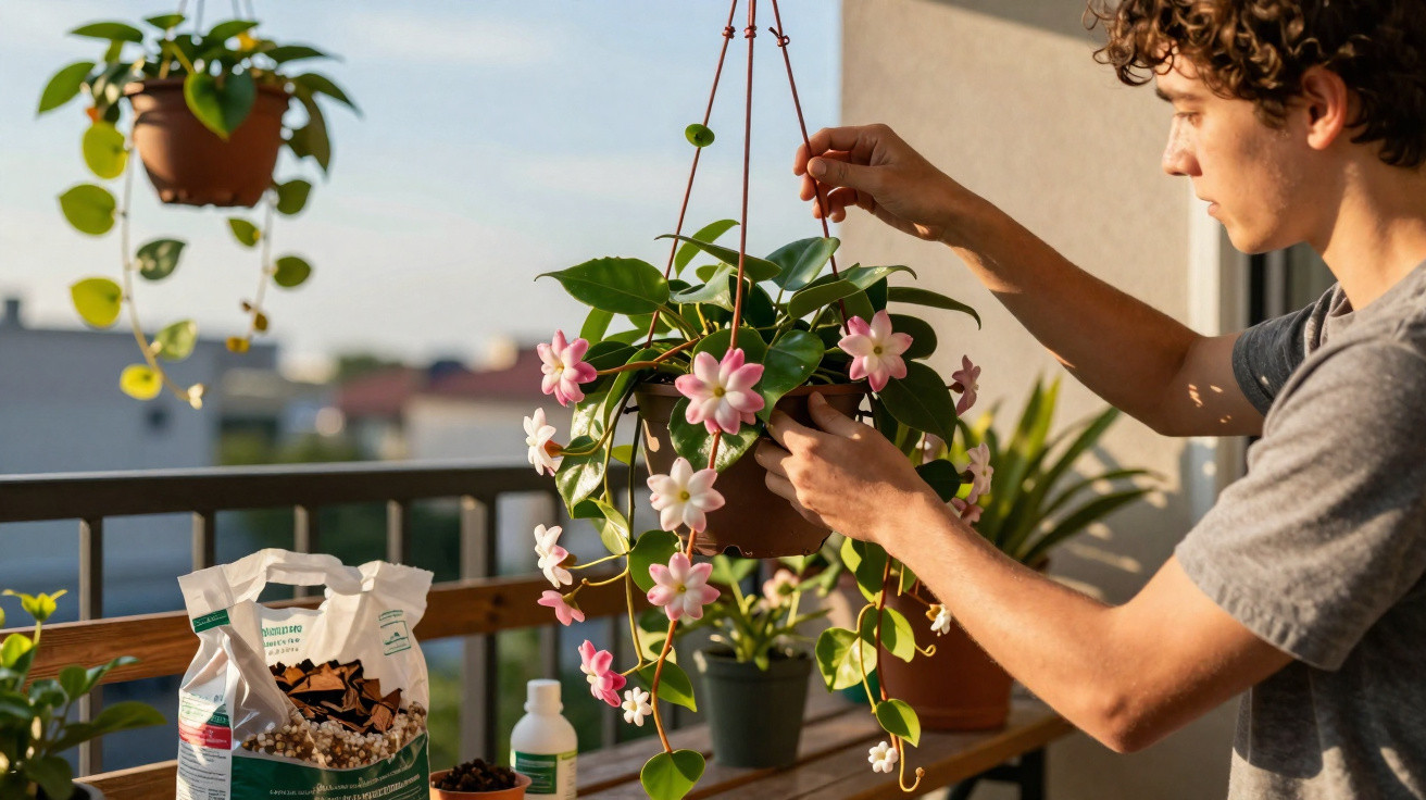 Young man tending to a hanging flowering plant on a balcony with gardening supplies nearby in sunlight.