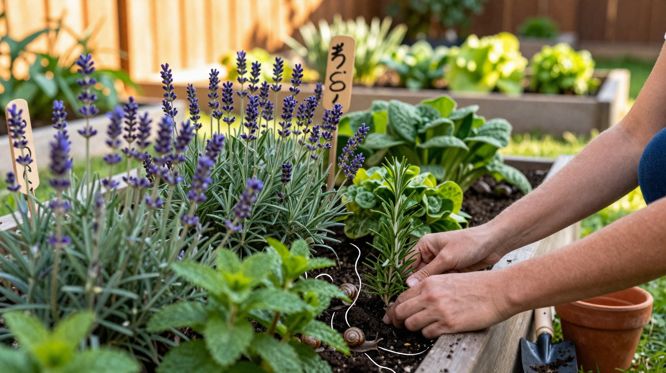 Hands planting herbs in a raised garden bed with lavender, mint, and other plants in a sunny backyard.