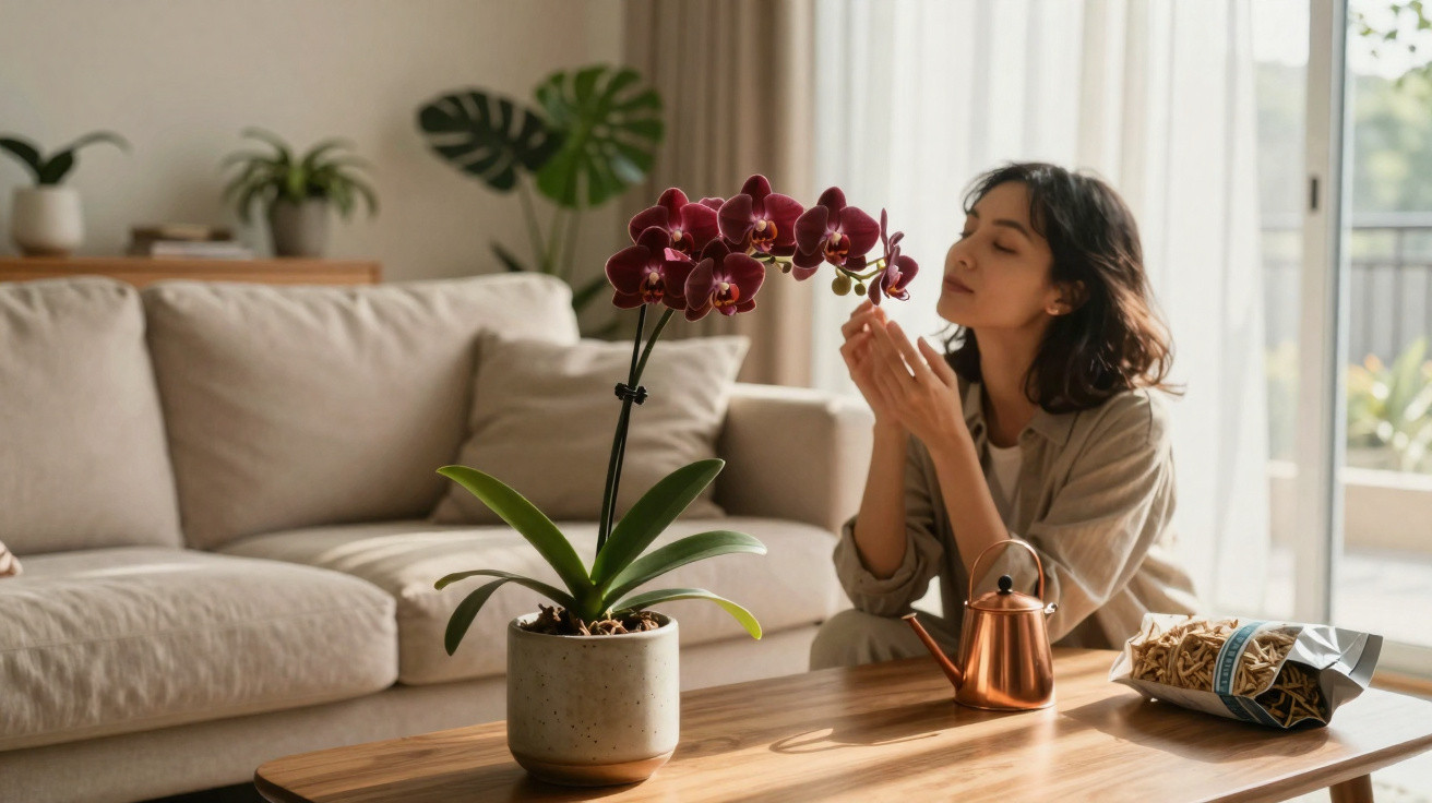 Woman admiring a purple orchid on a wooden table in a cosy living room with natural light.