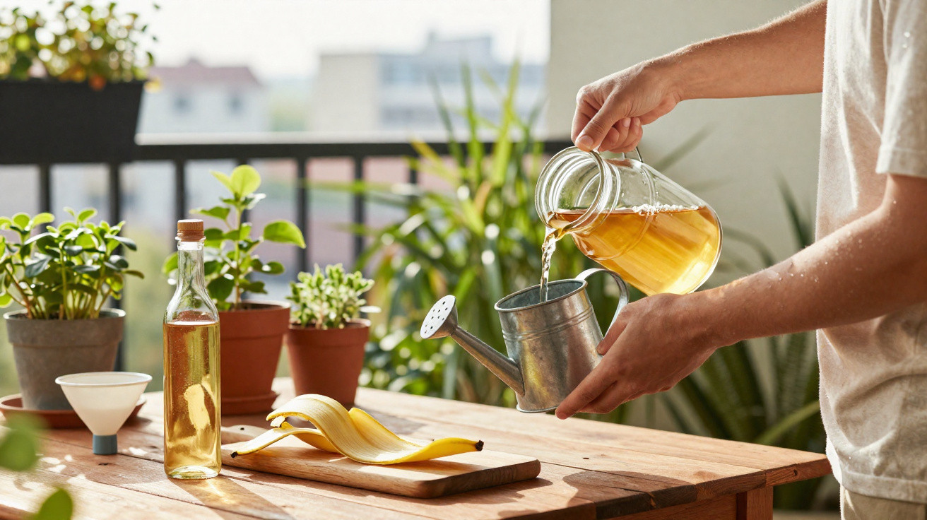 Person pouring liquid from glass jug into a metal watering can on a wooden table with plants and a banana peel.