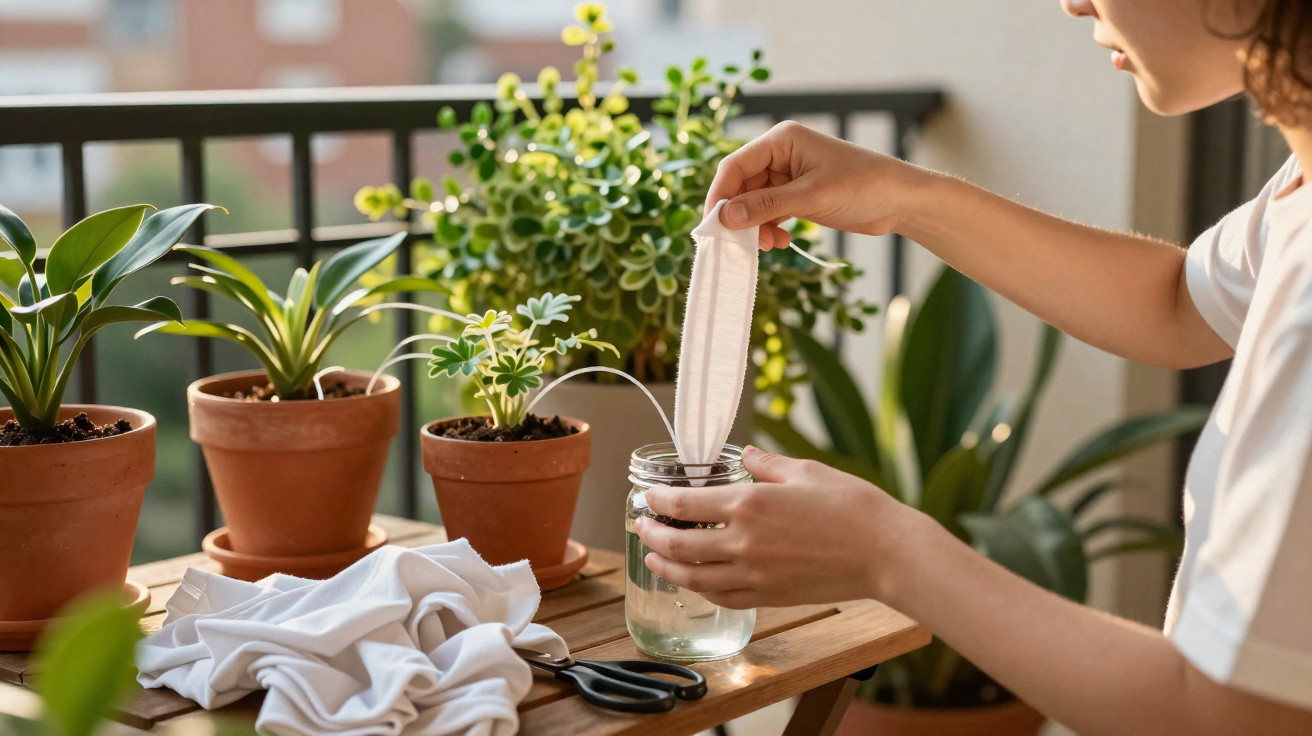 Person soaking a reusable cloth menstrual pad in a jar of water on a table with potted plants.