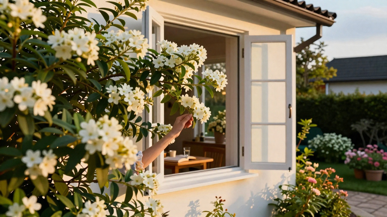 Hand reaching through an open window to touch white flowers on a blooming shrub outside a house.