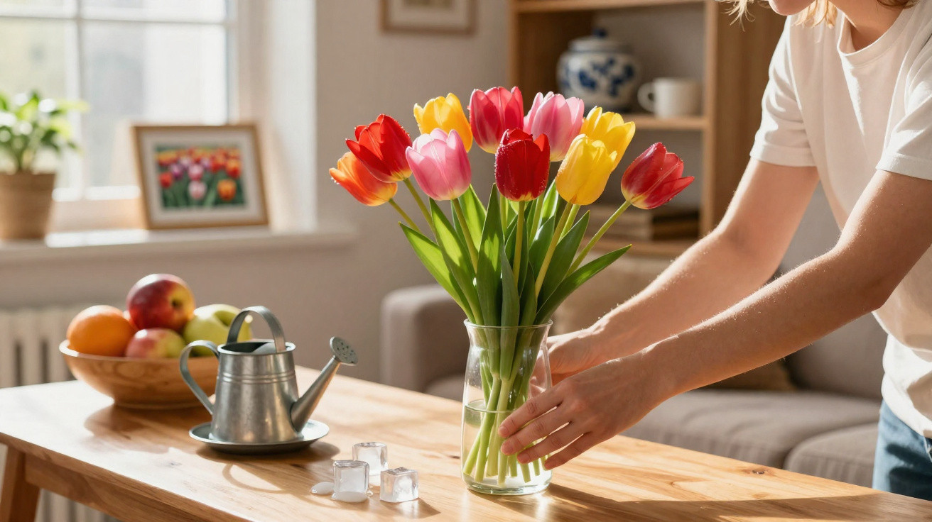 Person arranging a colourful bouquet of tulips in a glass vase on a wooden table in a cosy living room.