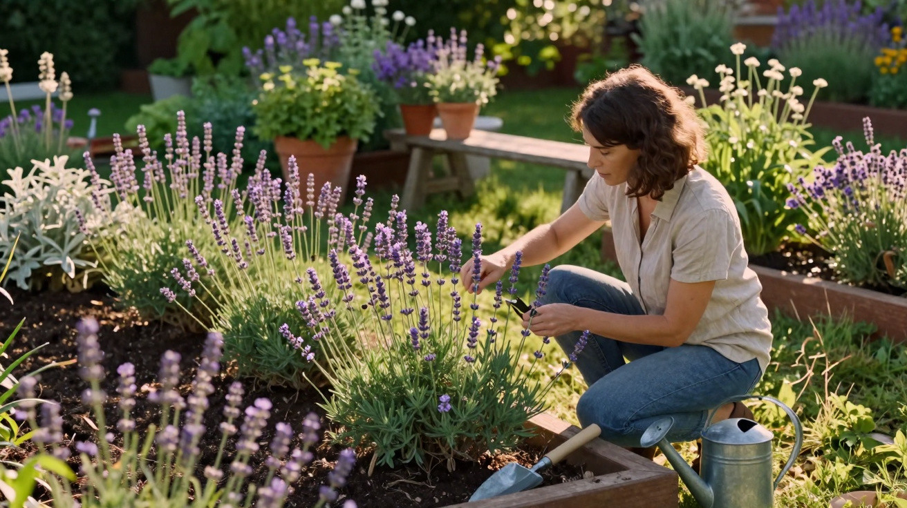 Woman tending lavender plants in a raised garden bed on a sunny day.