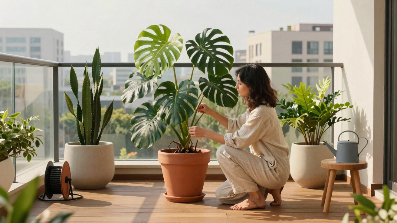 Woman tending to a large Monstera plant on a sunny balcony surrounded by various potted plants and a watering can.