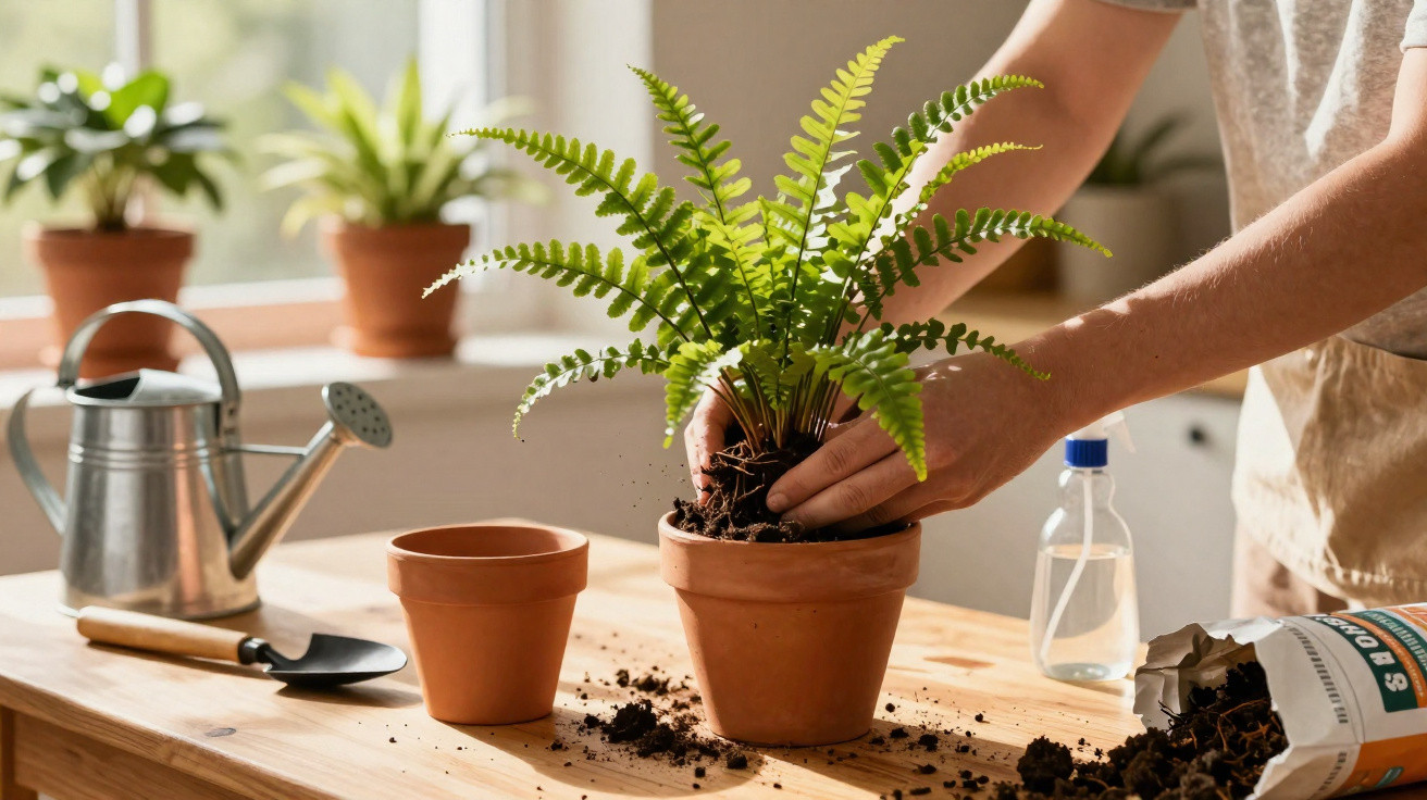 Person potting a green fern plant indoors on a wooden table with gardening tools and soil nearby.