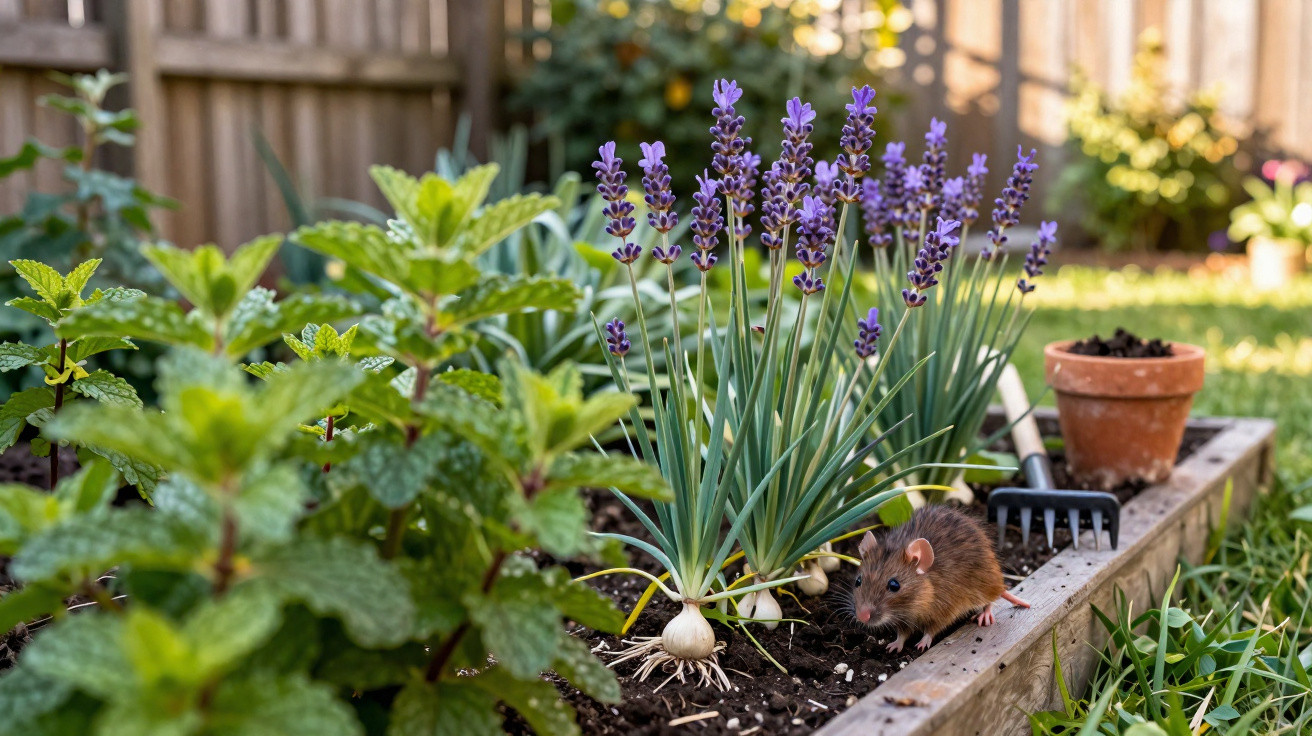 Small brown rat near lavender plants in a raised garden bed with gardening tools and mint leaves nearby.