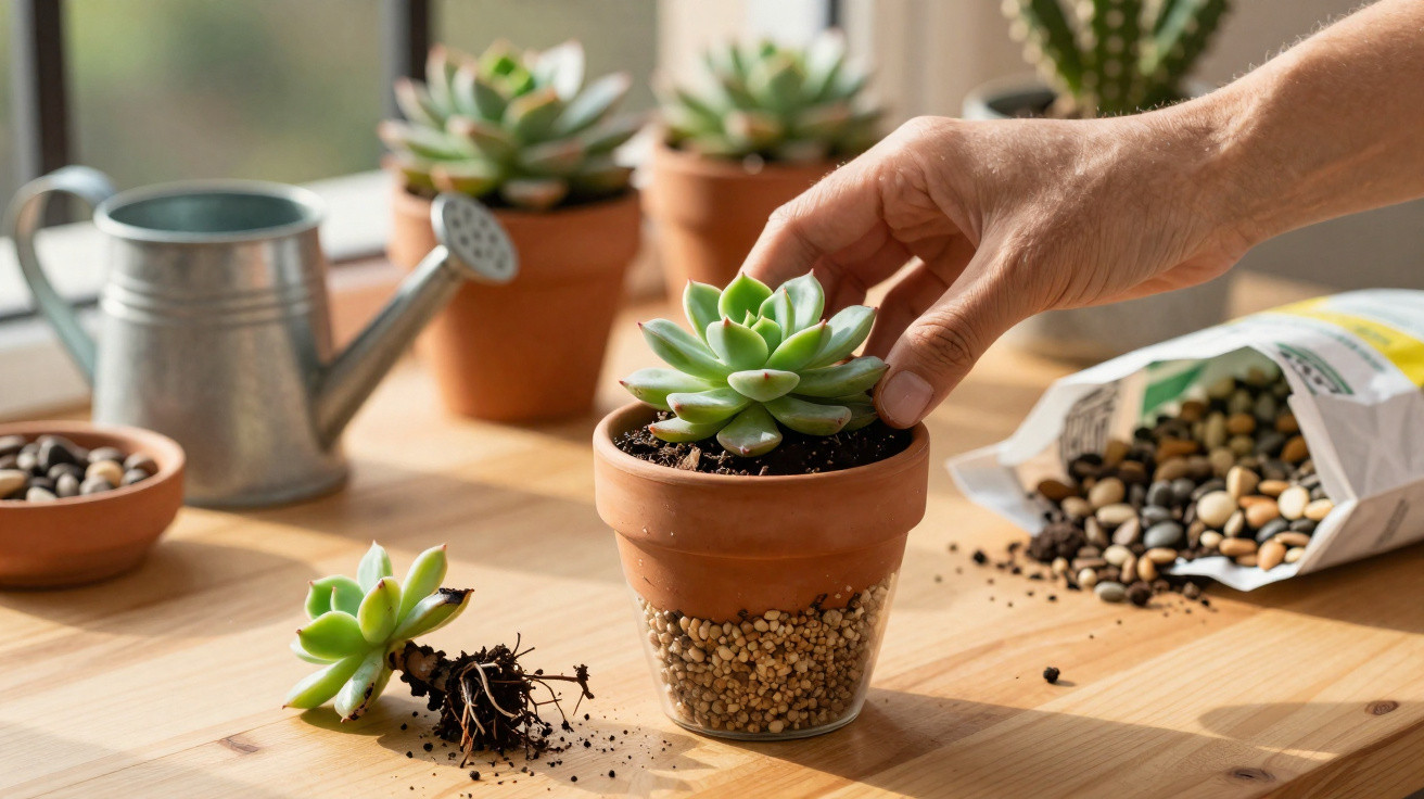 Hand planting a succulent in a terracotta pot with pebbles inside on a wooden table near a watering can.