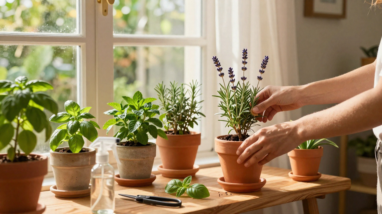 Person tending to potted herbs on a wooden table by a window with natural light.