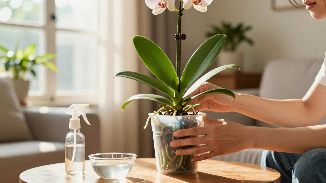 Person tending to a potted orchid on a wooden table with water and spray bottle nearby in a sunlit room.