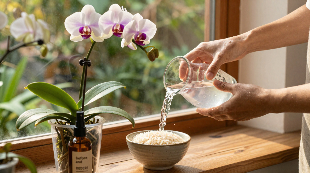 Person pouring water from a glass jug into a bowl of rice on a wooden windowsill next to a white orchid.