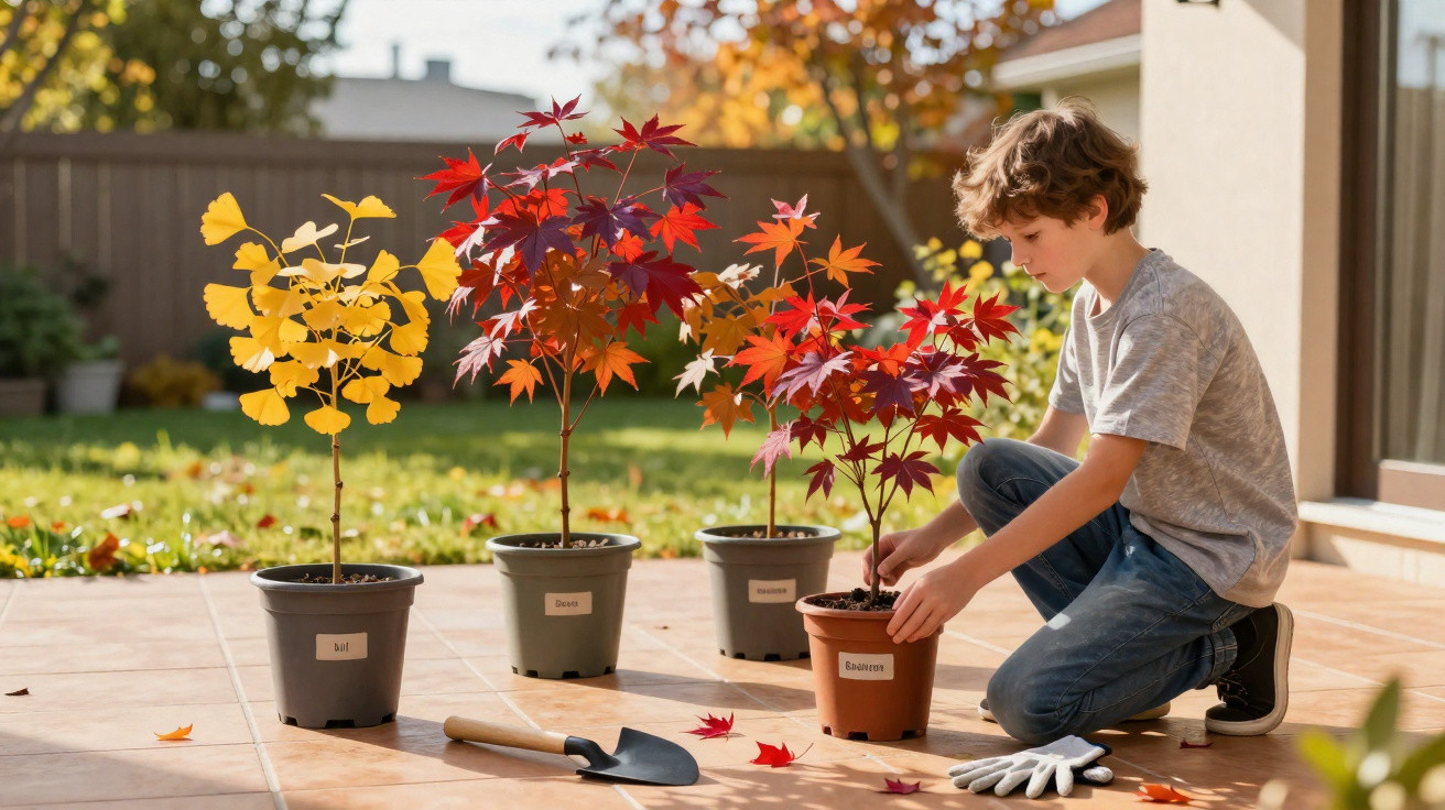 Young boy planting small autumn trees in pots on a sunlit patio with gardening tools nearby.
