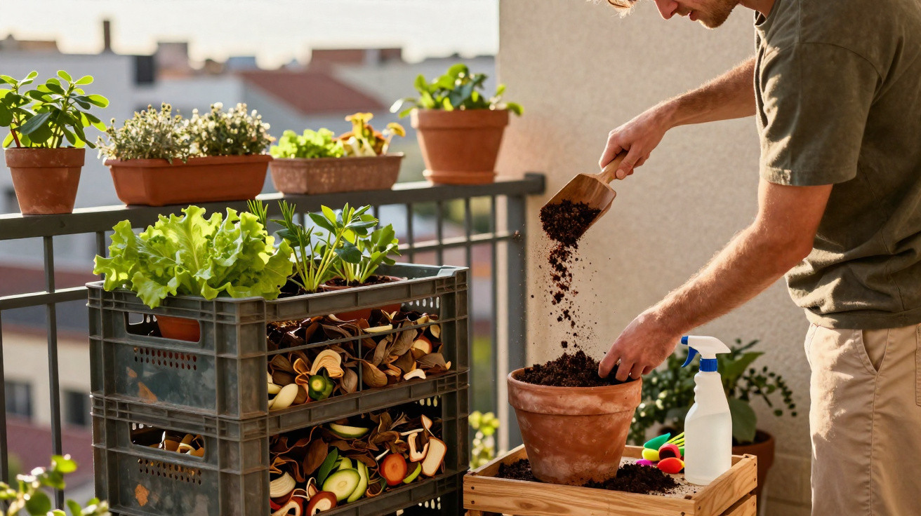 Person filling a terracotta pot with soil on a balcony with various potted plants and a crate of vegetables.