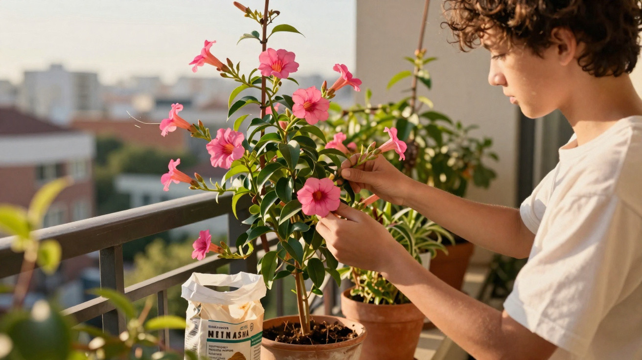 Person tending to bright pink flowers on a balcony with city buildings in the background.