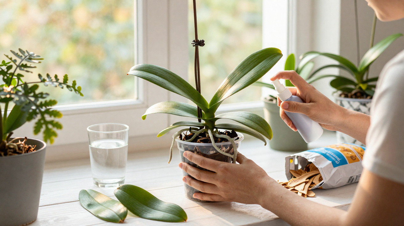Person spraying water on a potted orchid plant by a bright window with gardening supplies nearby.