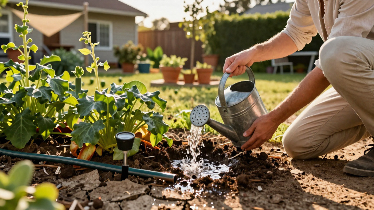 Person kneeling and watering garden plants with a metal watering can in a sunny backyard.