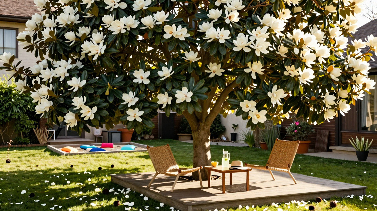 Magnolia tree in full bloom shading two wicker chairs and a table with drinks on a wooden deck in a sunny garden.